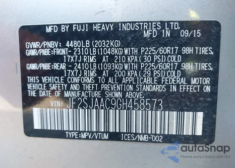 2016 Subaru Forester 2.5I from USA, damaged, VIN JF2SJAAC9GH458573